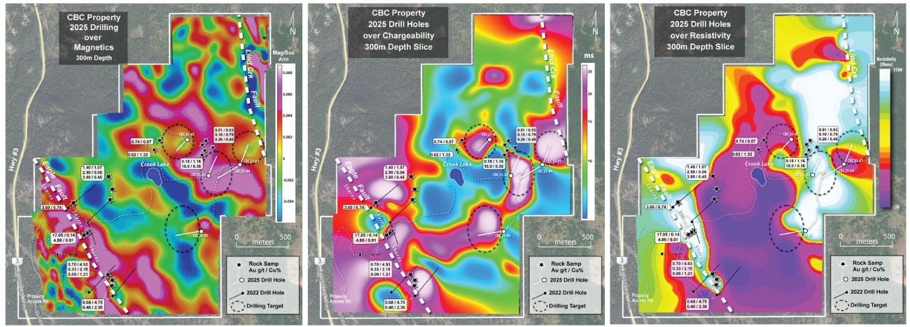Belmont Resources Come By Chance property 2025 drill holes over geophysics