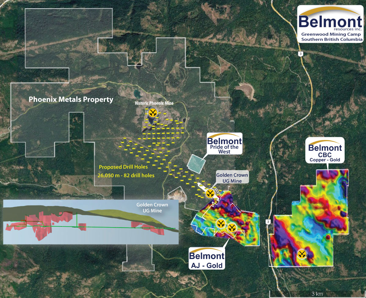 Regional Overview of Belmont's A-J Gold, CBC Copper-Gold, Pride of the West, and Lone Star Properties Relative to Phoenix Metals' Property, Greenwood Mining Camp, Southern British Columbia Regional Overview of Belmont's A-J Gold, CBC Copper-Gold, Pride of the West, and Lone Star Properties Relative to Phoenix Metals' Property, Greenwood Mining Camp, Southern British Columbia