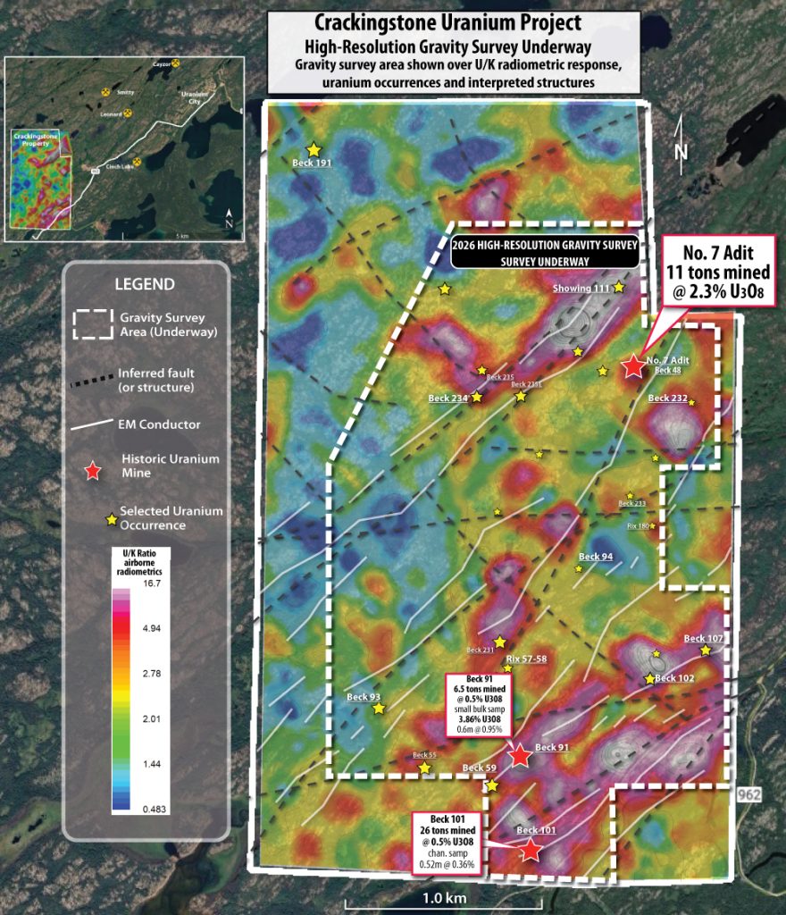 Crackingstone Uranium Project showing the areas of the 2026 high-resolution ground gravity survey now underway, overlying U/K radiometric response, selected uranium occurrences, interpreted structures and EM conductors. Crackingstone Uranium Project showing the areas of the 2026 high-resolution ground gravity survey now underway, overlying U/K radiometric response, selected uranium occurrences, interpreted structures and EM conductors.